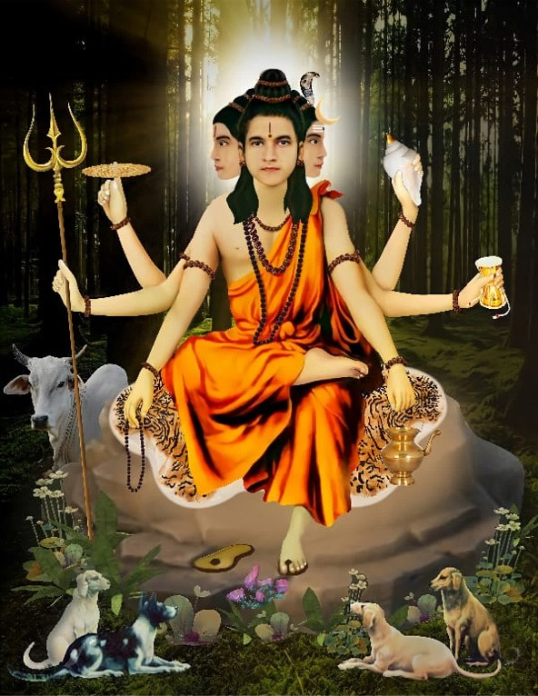 Lord Dattatreya seated with three faces and six arms, surrounded by a cow and dogs